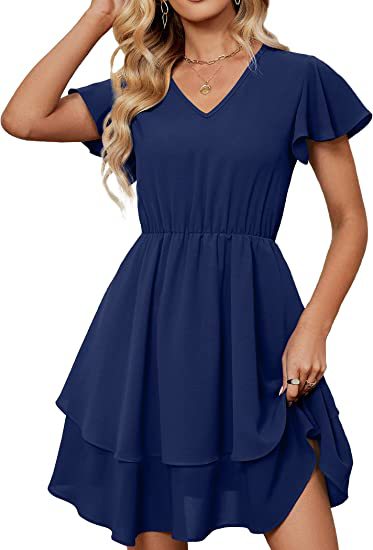Damen Freizeitkleid Fließender Rock Rüschenärmel Eveloria
