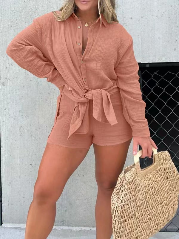 Damen Shorts-Anzug mit Knoten-Detail aus Baumwolle Beige