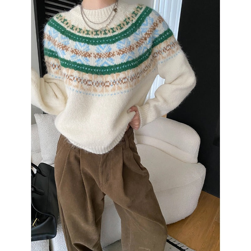 Damen Grobstrickpullover Lebendiges Muster Weite Ärmel