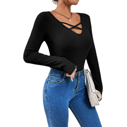 Damen Langarmshirt Modischer Kreuzausschnitt Eveloria