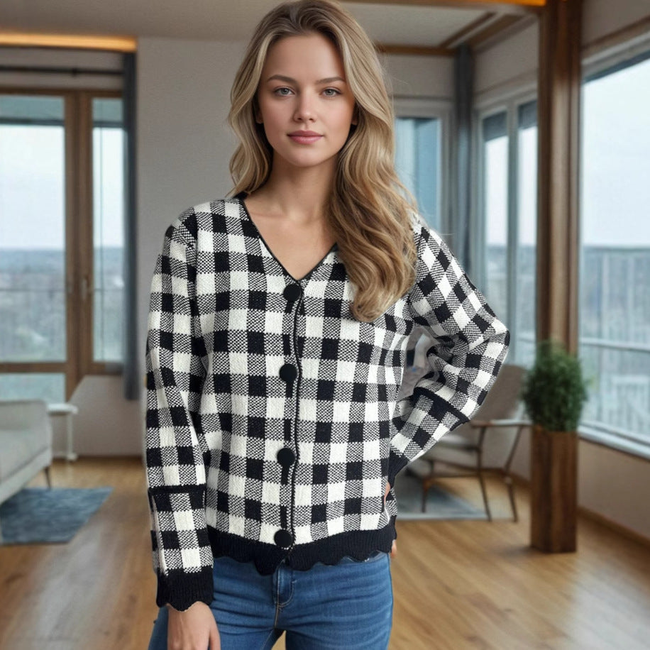Damen Strickjacke Kontrastmuster Knöpfe Eveloria - Eveloria