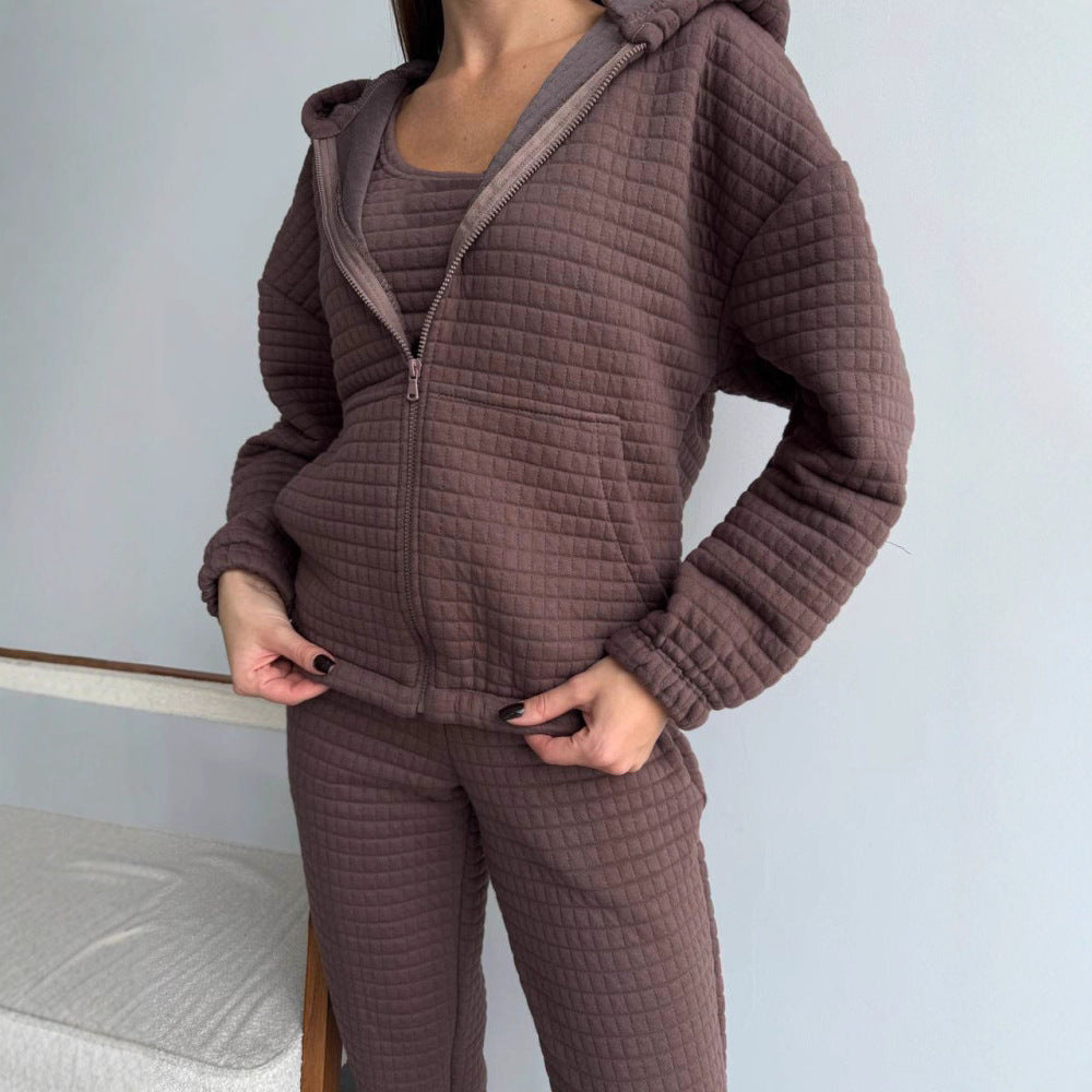 Damen Loungewear-Anzug Strukturiert Elastisch Beige