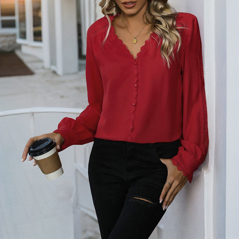 Damen Bluse Rüschendetails Knopfverschluss Eveloria