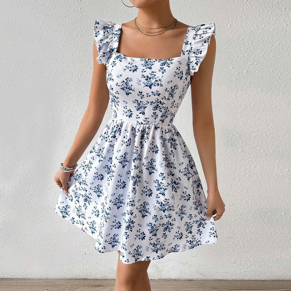 Damen Blumenkleid Sommer Rüschendetails Quadratausschnitt Eveloria - Eveloria