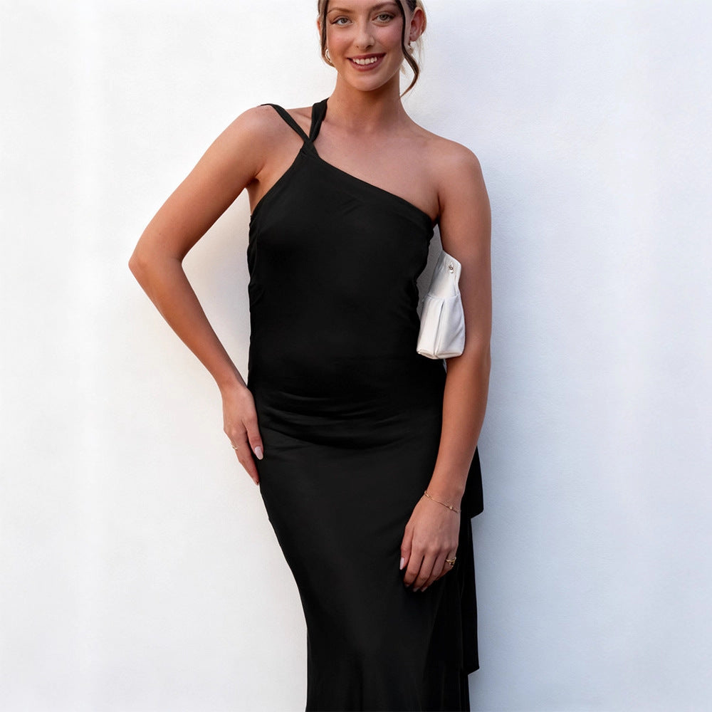 Damen Maxikleid Asymmetrisches Halterdesign Satin Schimmernd