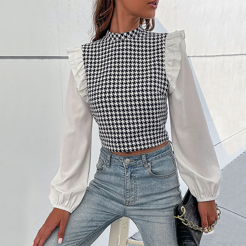 Damen Crop- Voluminöse Ärmel Karomuster