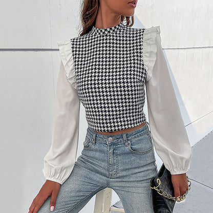 Damen Crop- Voluminöse Ärmel Karomuster