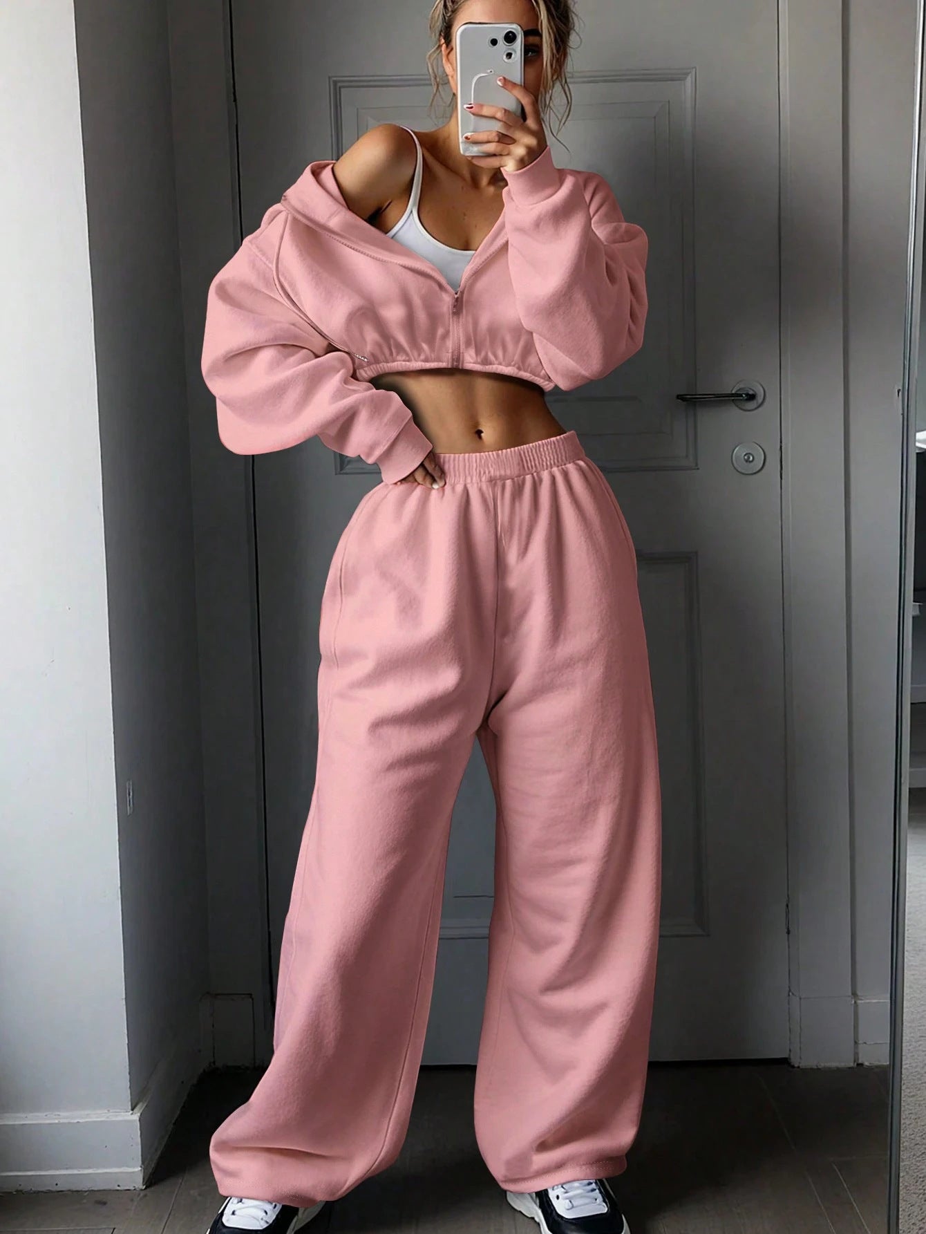 Damen Sweatshirt Set Cropped mit weiter Jogginghose Grau