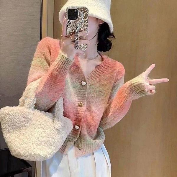 Damen Strickjacke Farbverlauf Herzknöpfe Eveloria