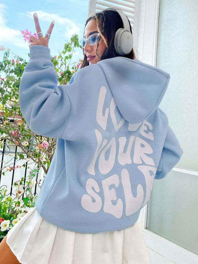 Damen Hoodie Kordelzug Kängurutasche Love Yourself Rückenprint