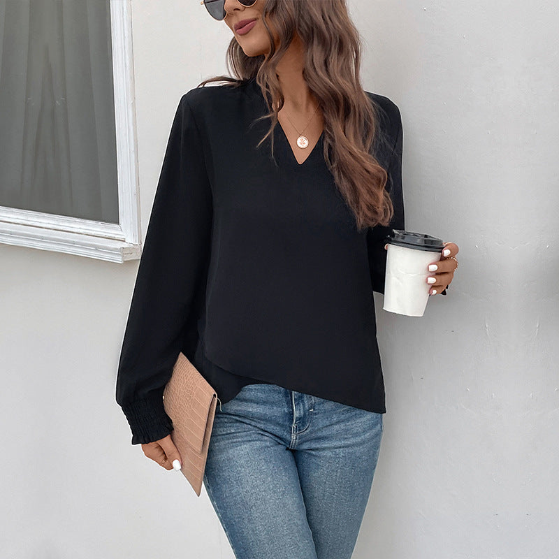 Damen Viskosebluse mit Puffärmeln und V-Ausschnitt