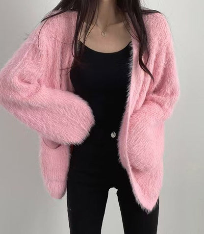 Damen Flauschstrickjacke Offene Front Praktische Taschen Grau