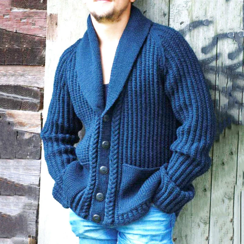 Herren Strickcardigan Blau Relaxed Fit mit Schalkragen und Knöpfen - Eveloria