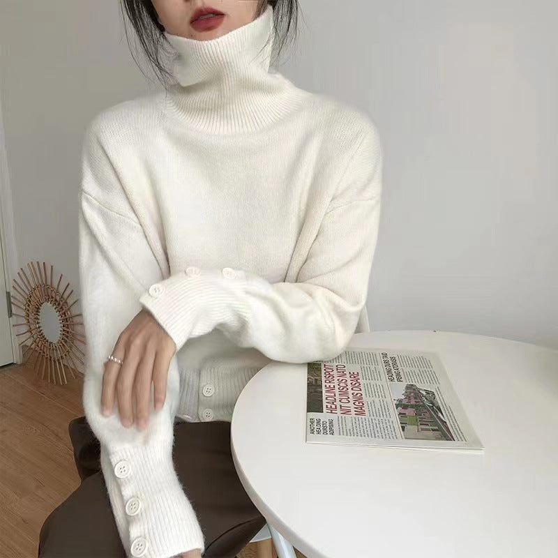 Damen Rollkragenpullover Kuschelfleece Mit Knöpfen Beige