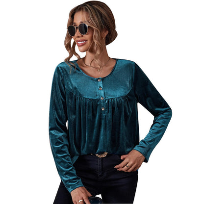 Damen Velours Oberteil Gerafft Knopfdetail Eveloria