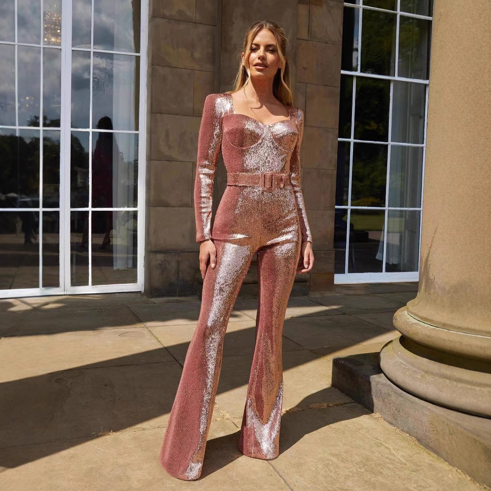 Damen Einteiler Outfit Glitzernde Applikationen Tailliert