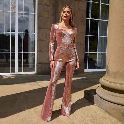 Damen Einteiler Outfit Glitzernde Applikationen Tailliert