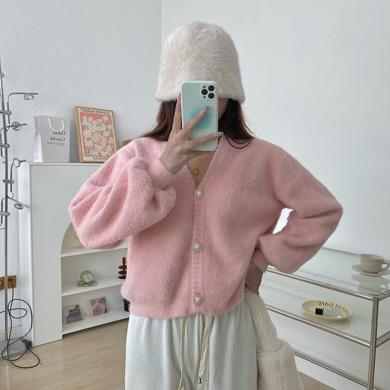 Damen Cardigan V-Ausschnitt Herzknöpfe