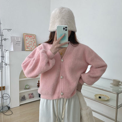 Damen Cardigan V-Ausschnitt Herzknöpfe