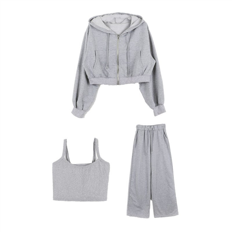 Damen Drei-Teiliges Set Cropped Hoodie Tanktop Weite Hose