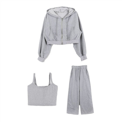 Damen Drei-Teiliges Set Cropped Hoodie Tanktop Weite Hose