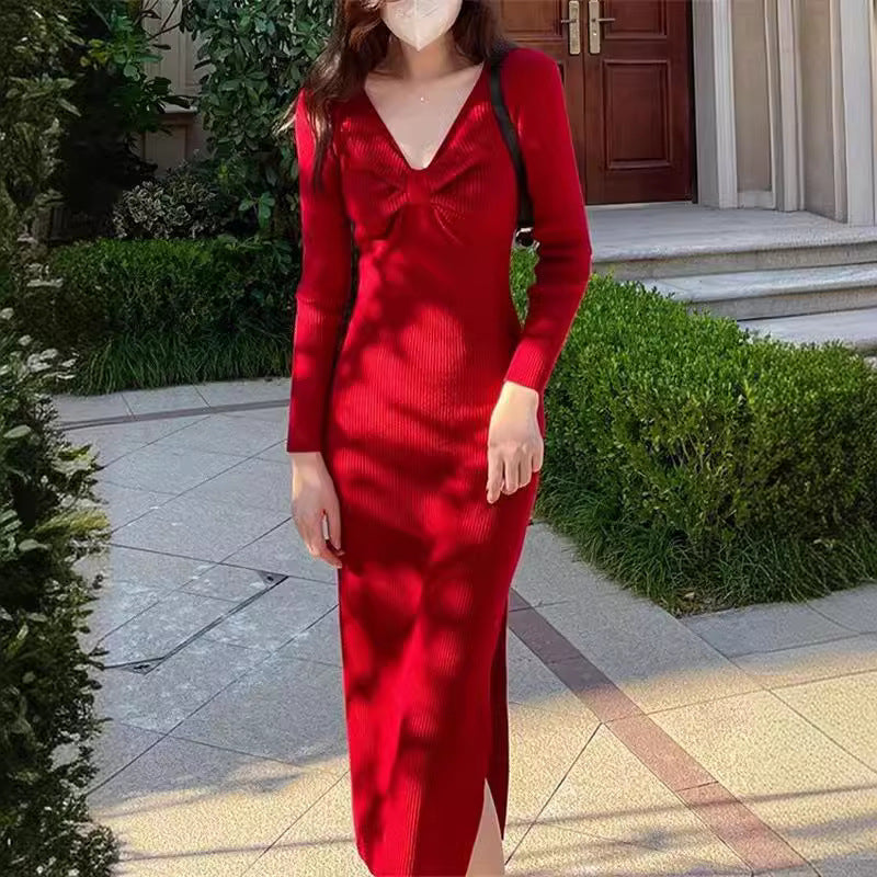 Damen Strickkleid V-Ausschnitt Seitenschlitz Eveloria - Eveloria