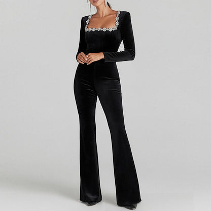 Damen Overall Flared mit Floralem Ausschnitt und Langen Ärmeln
