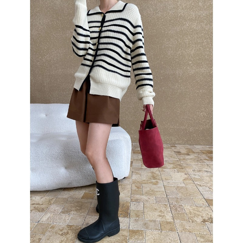 Damen Strickjacke Gestreift mit Druckknöpfen Lässig Beige
