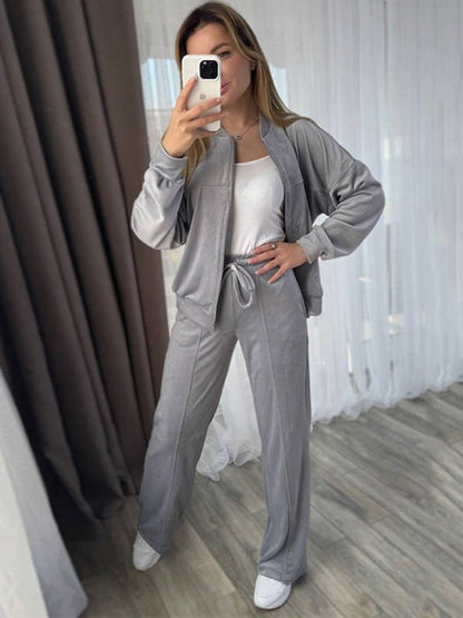 Damen Velours Jogginganzug Hochkragen Praktische Taschen