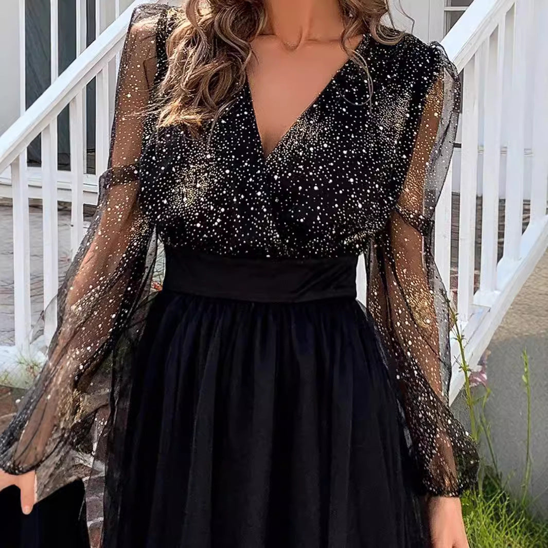 Damen Cocktailkleid Glitzerndes Oberteil Transparente Ärmel