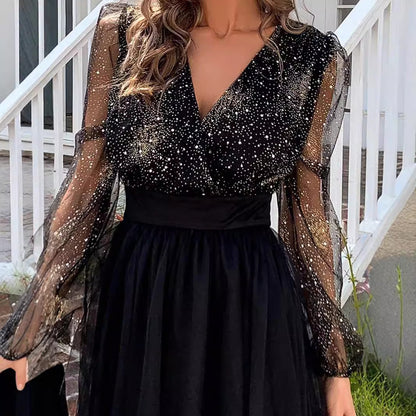 Damen Cocktailkleid Glitzerndes Oberteil Transparente Ärmel