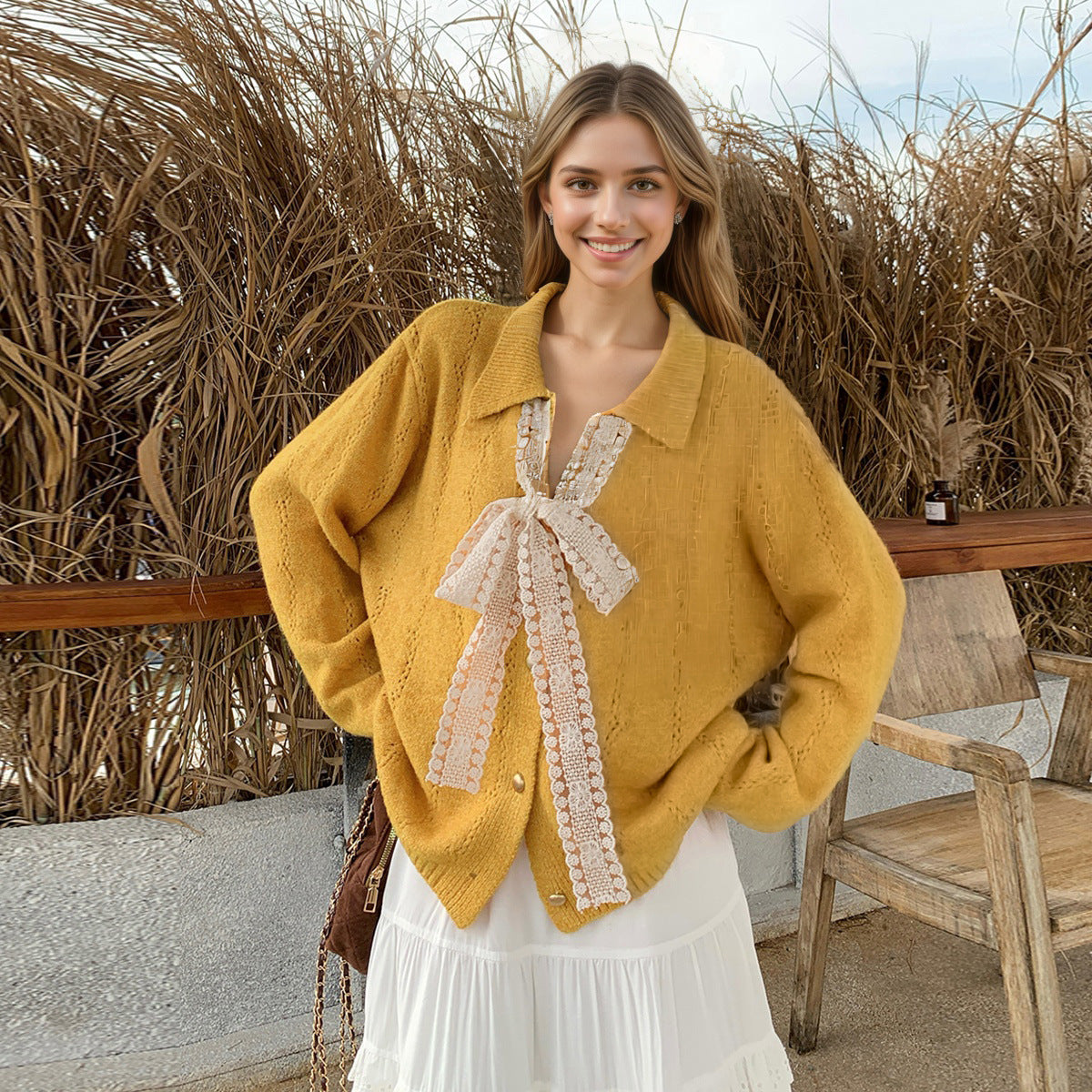 Damen Strickpullover mit Schleifenapplikation Eveloria - Eveloria