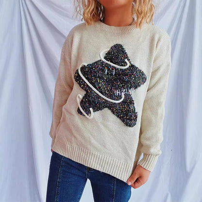 Damen Strickpullover Glitzerndes Sternenmotiv Locker