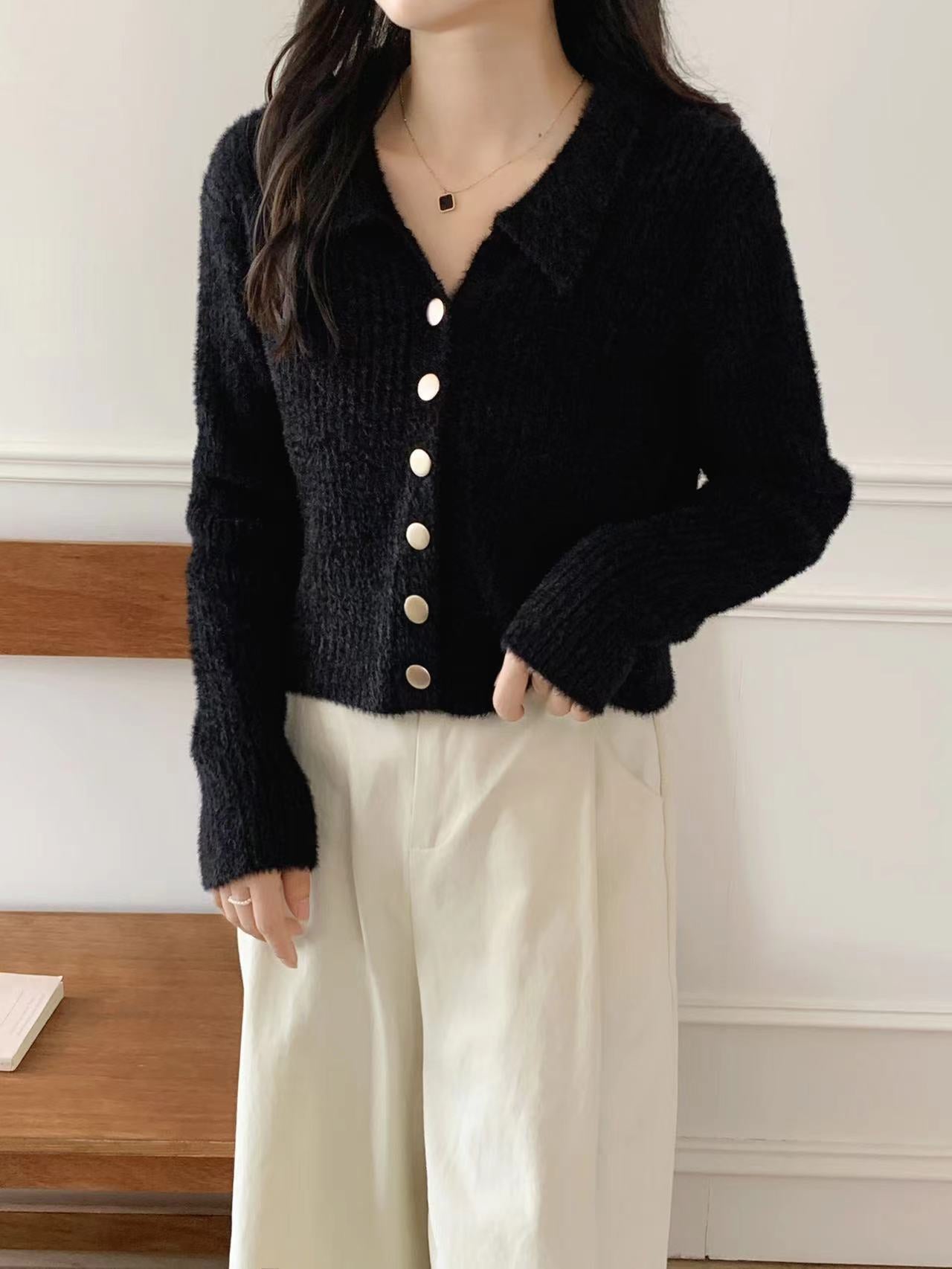 Damen Kurzstrickjacke V-Ausschnitt mit Knöpfen