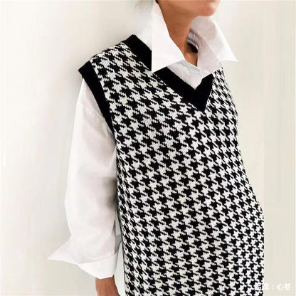 Damen Strickkleid Hahnentrittmuster V-Ausschnitt Moderner Schnitt
