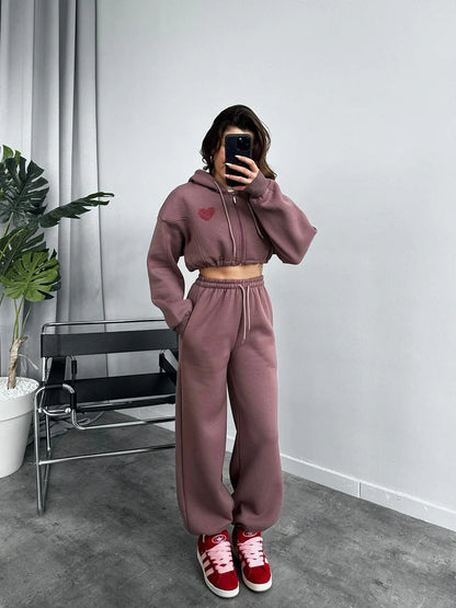 Damen Sportliches Hoodie-Set Cropped mit lockerer Hose Eveloria