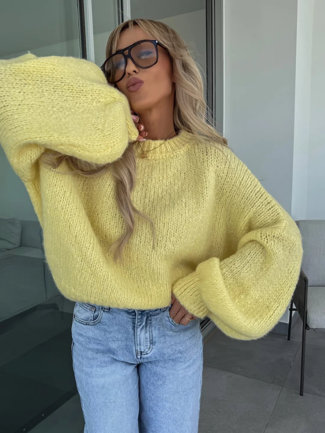 Damen Oversized Strickpullover Voluminöse Ärmel Modern Eveloria