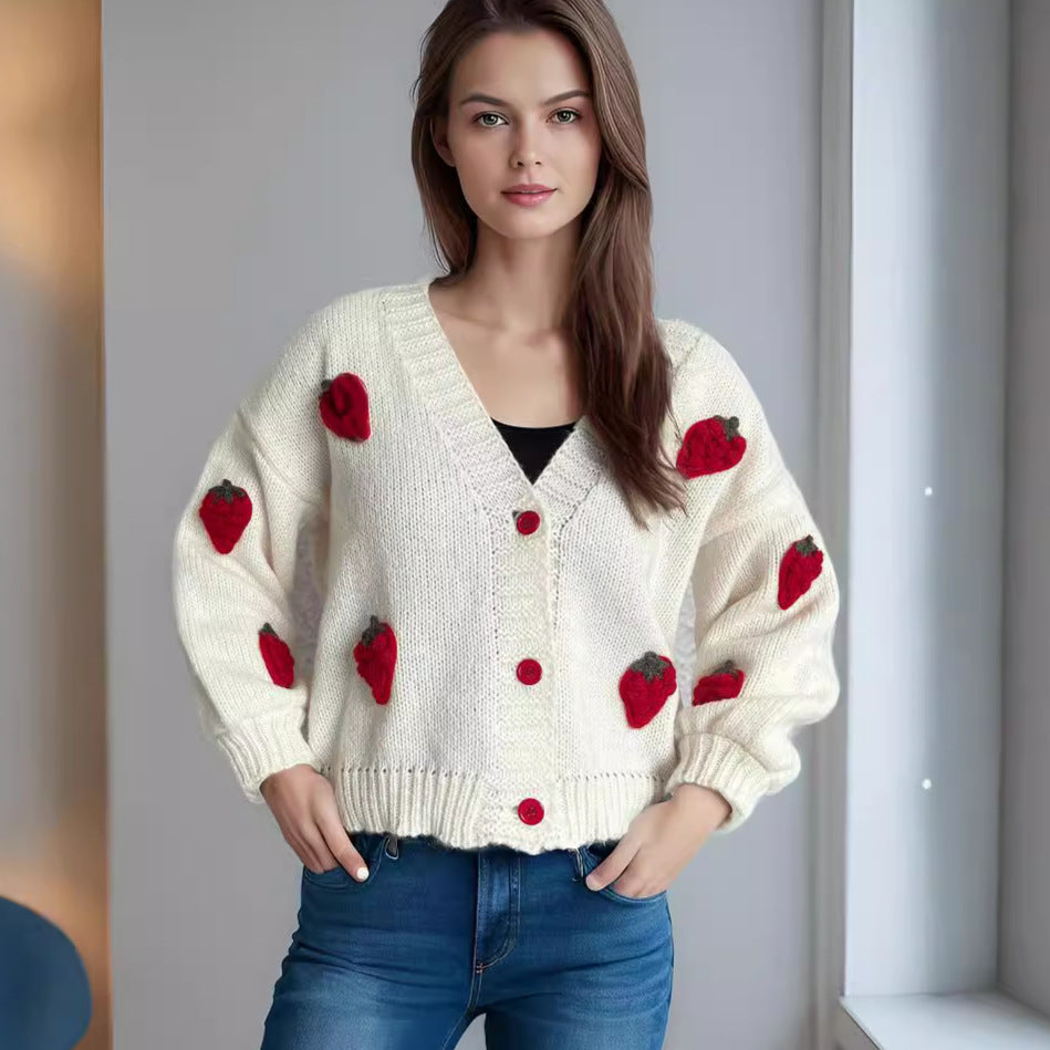 Damen Strickjacke Erdbeermotiv Große Knöpfe Rosa - Eveloria