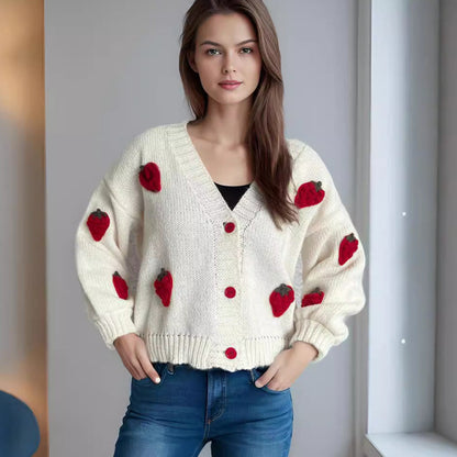 Damen Strickjacke Erdbeermotiv Große Knöpfe Rosa - Eveloria