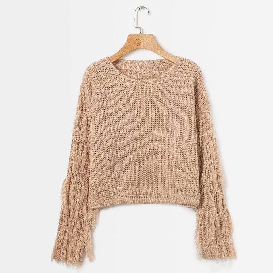 Damen Strickpullover mit Fransen Ärmeln Komfortschnitt
