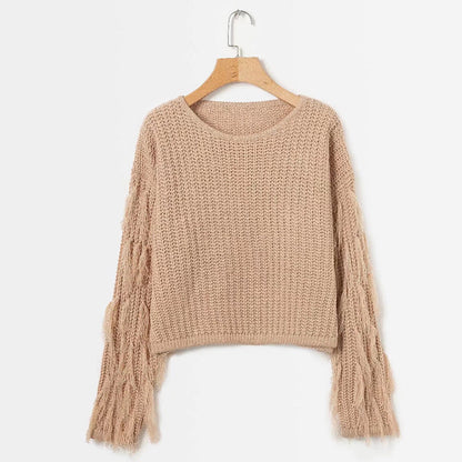 Damen Strickpullover mit Fransen Ärmeln Komfortschnitt