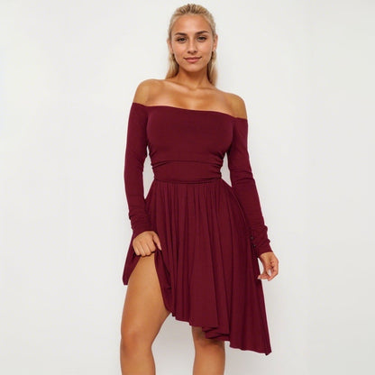 Damen Off-Shoulder Midi-Kleid Asymmetrisch Langärmlig Eveloria - Eveloria