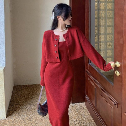 Damen Strickkleid mit Cardigan und Knöpfen Anthrazit - Eveloria