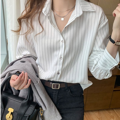Damen Bluse Streifenmuster Modern Knöpfe Eveloria