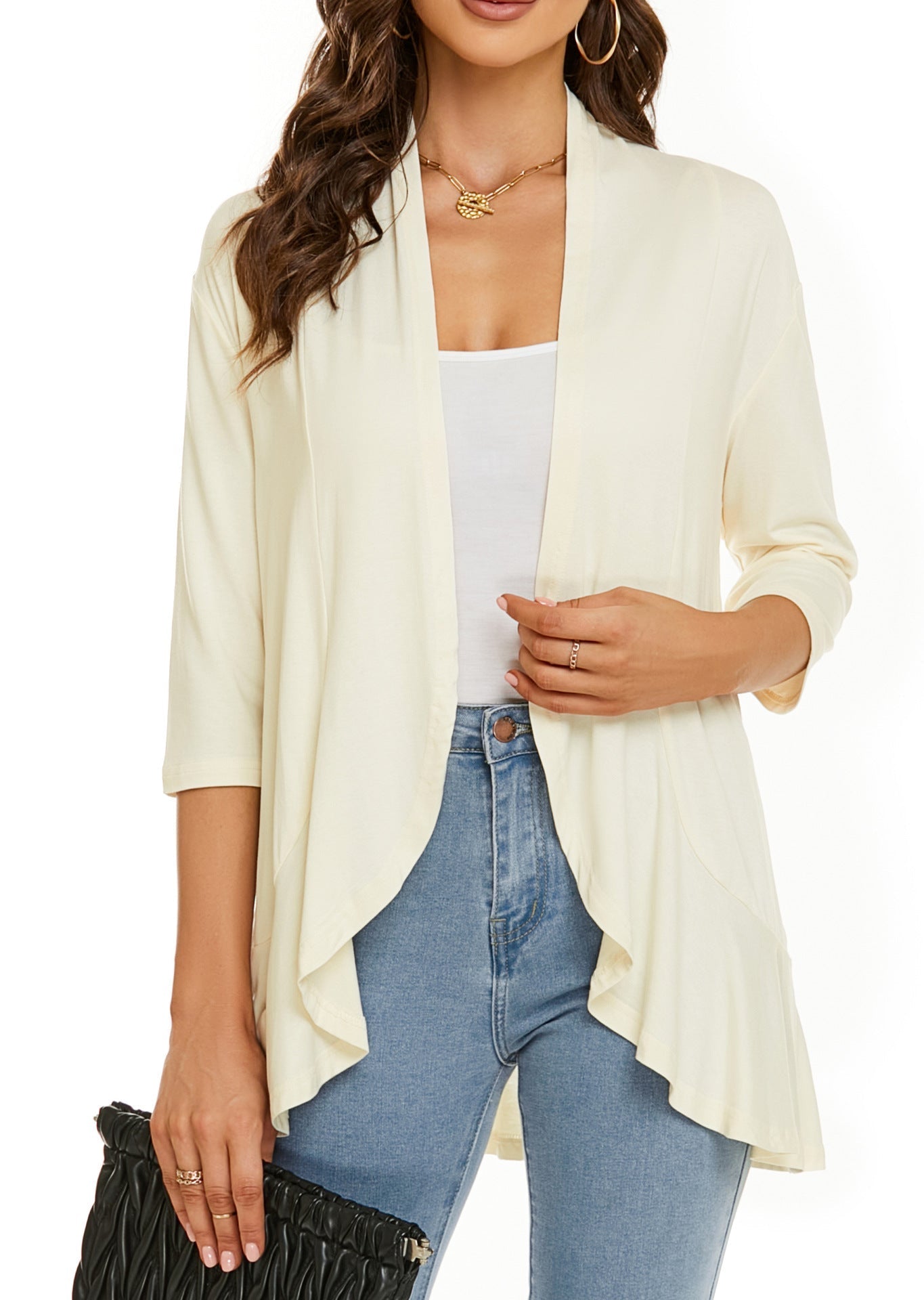 Eveloria Damen Strickjacke Einfarbig 7/8 Ärmel Rüschenrand