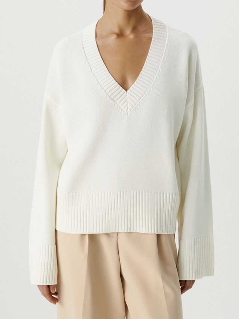 Damen Strickpullover V-Ausschnitt Breite Bündchen Eveloria