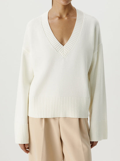 Damen Strickpullover V-Ausschnitt Breite Bündchen Eveloria