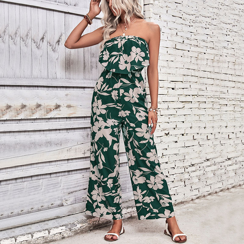 Damen Jumpsuit Florale Rüschen Atmungsaktives Material Weiß