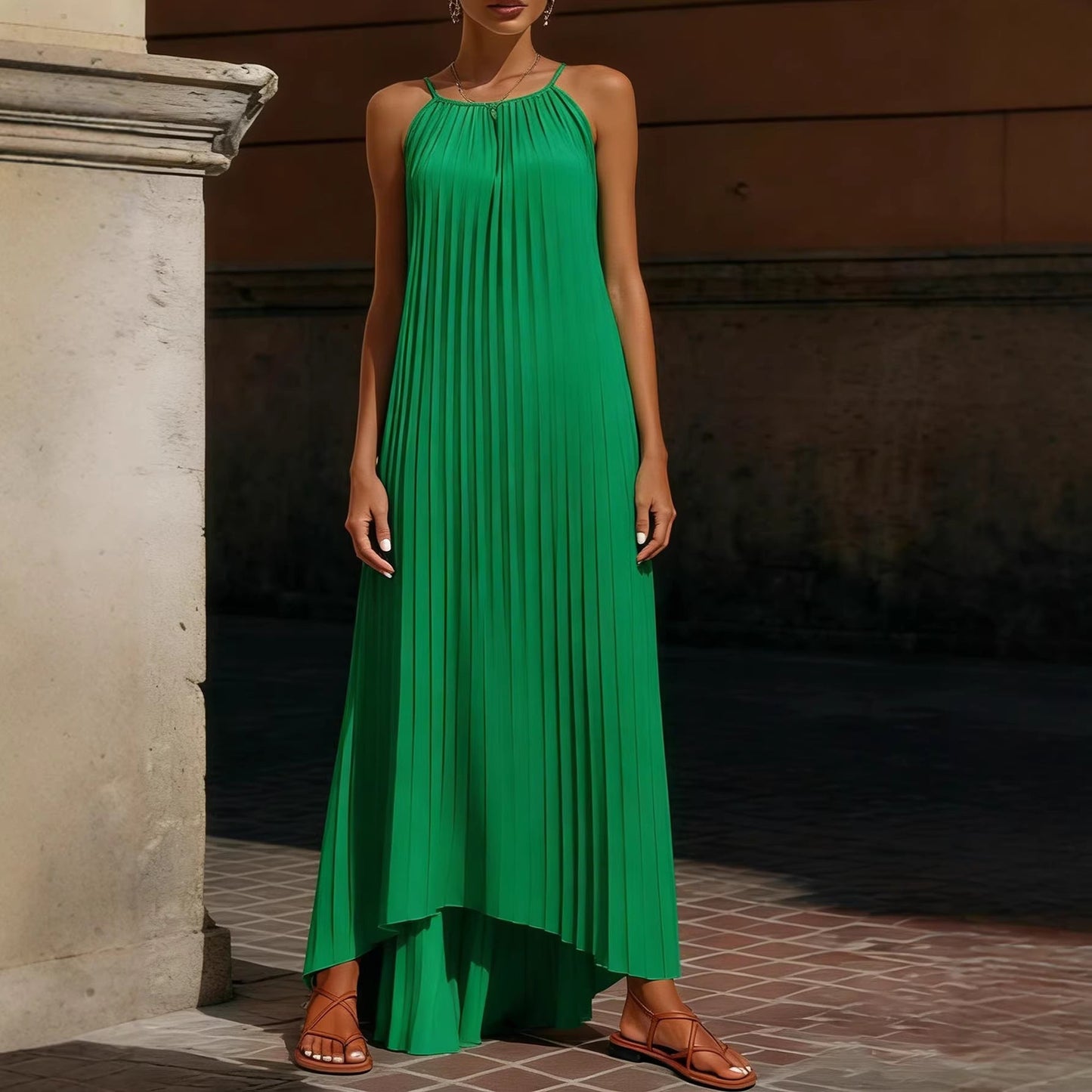 Damen Maxikleid Plissiert Verstellbare Träger Eveloria
