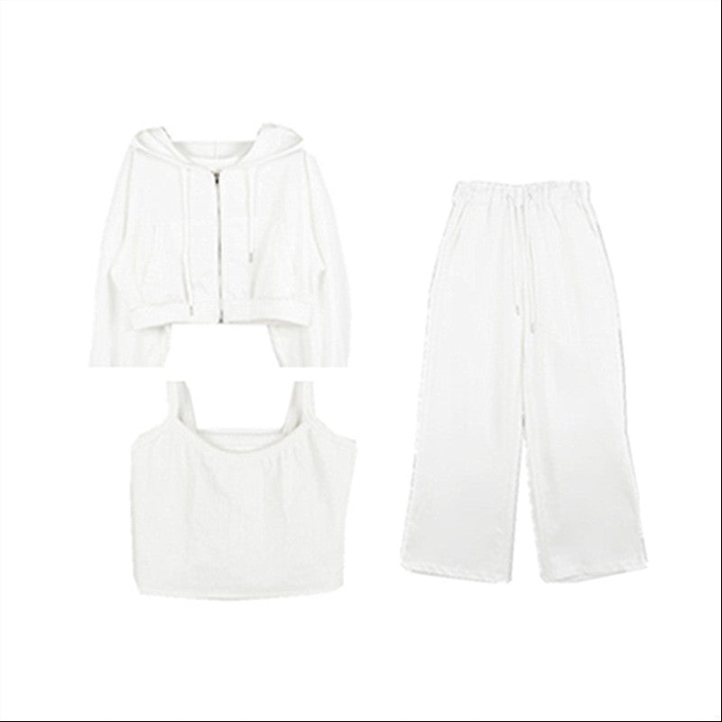 Damen Drei-Teiliges Set Cropped Hoodie Tanktop Weite Hose